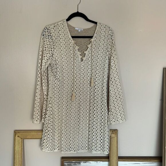 Bohemian Lace + Lined Dress Front V Neck Long Sleeve Size Medium Ivory Vintage - Picture 1 of 4